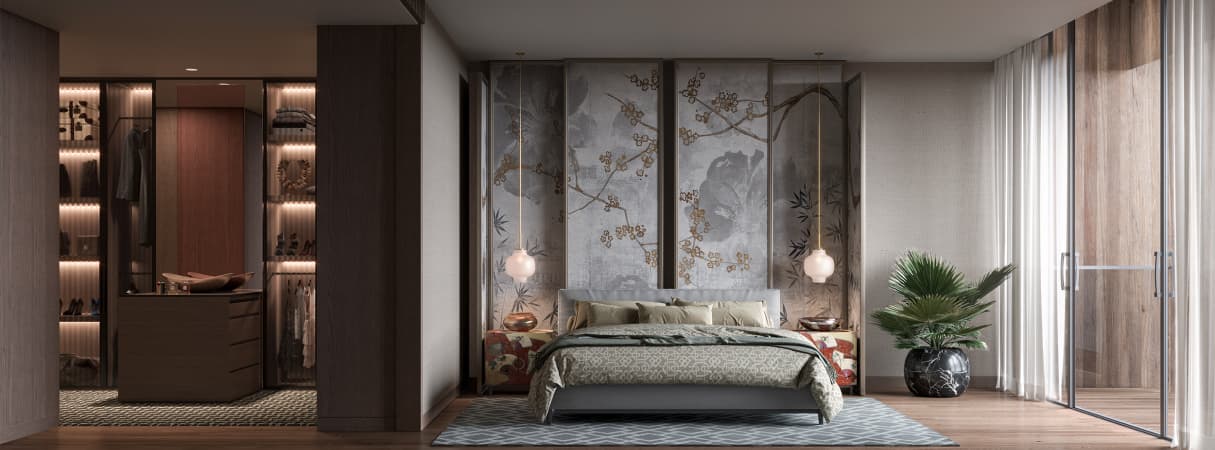 A serene bedroom with a balcony